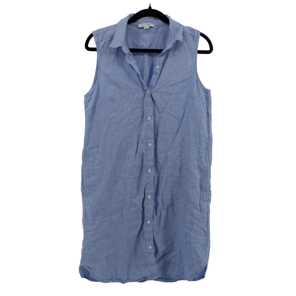 Pure Navy Linen Shirt Dress Women Medium Blue Sleeveless Preppy Nautical Coastal